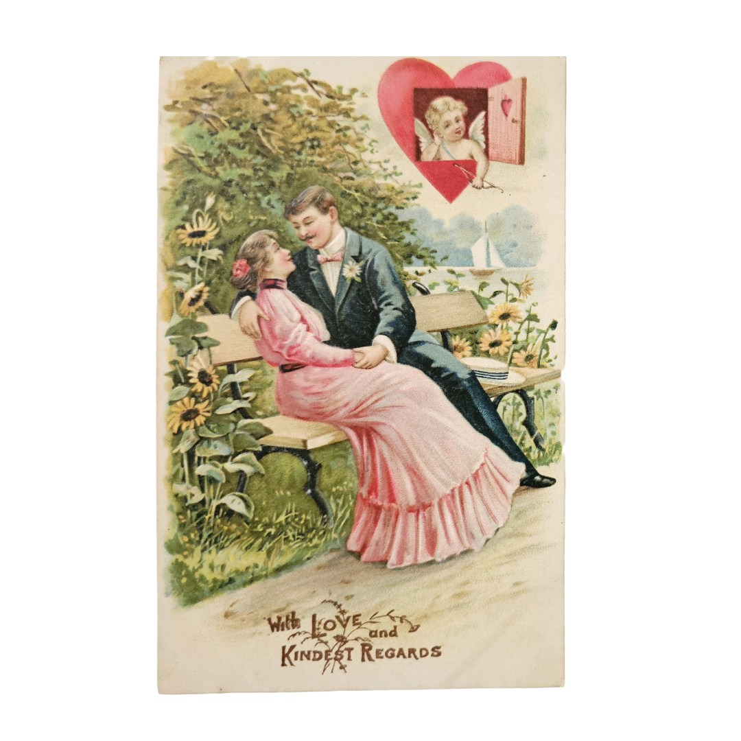Valentine Postcard Edwardian Couple Courting Cupid in Heart Window