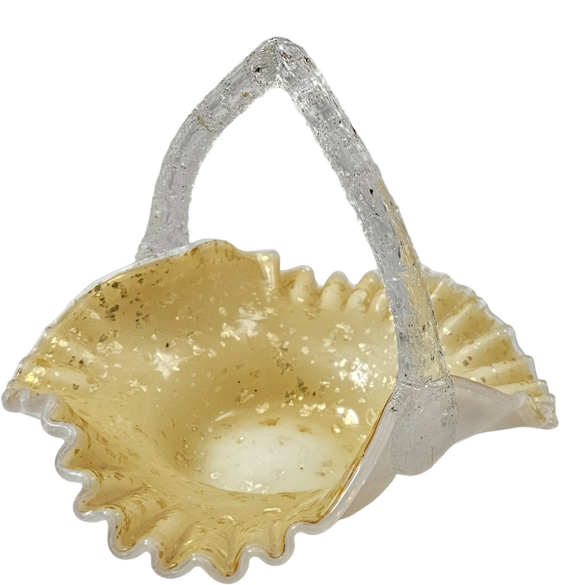 Victorian Cased Art Glass Basket Gold Mica Ruffle Rim Thorn Handle
