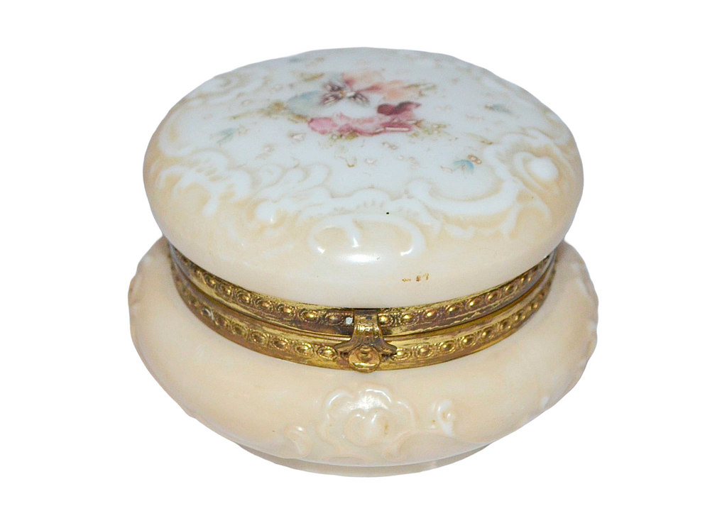 CF Monroe Wave Crest Art Glass Dresser Box Pansies & Scroll Vanity Jar