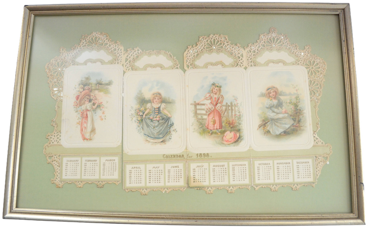 Antique Die Cut 1898 Children's Calendar Professionally Framed