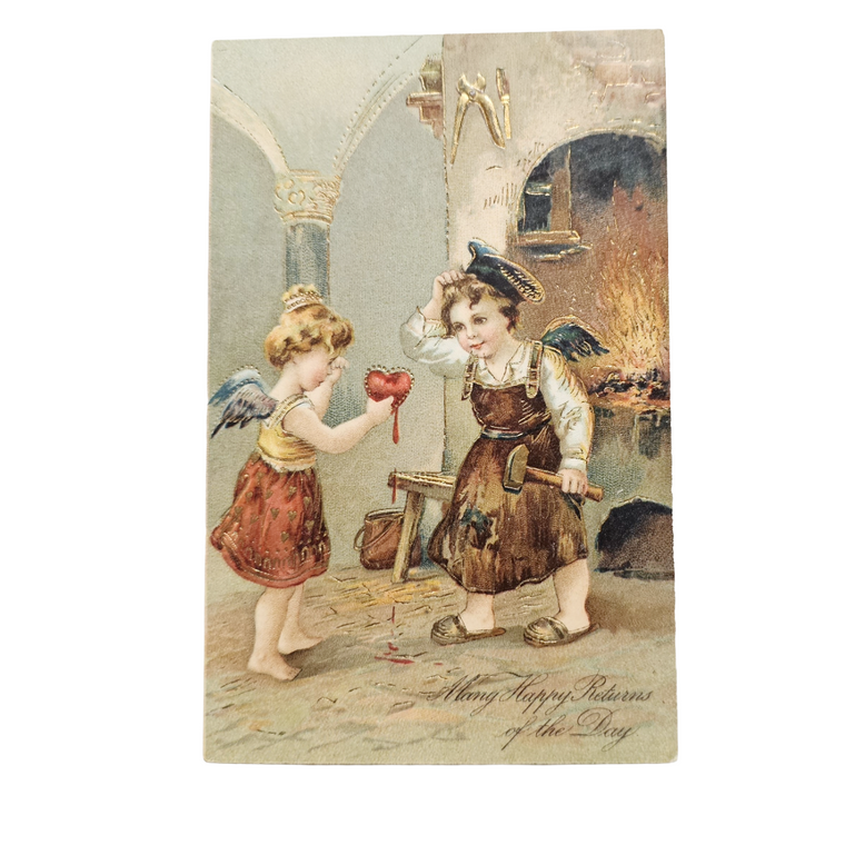 Valentine Postcard Blacksmith Cupid Making Hearts German Series 1038