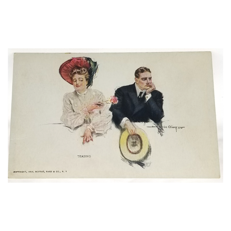 Romantic Couple Woman Holding Pink Rose to Man Postcard Artist Howard Chandler Christy Titled Teasing 1908 Moffat Pub NY