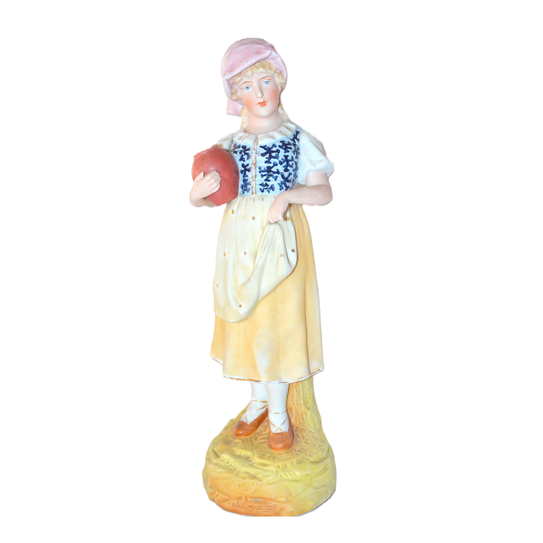 Heubach Bisque Porcelain Parlor Statue Peasant Woman Holding Jug