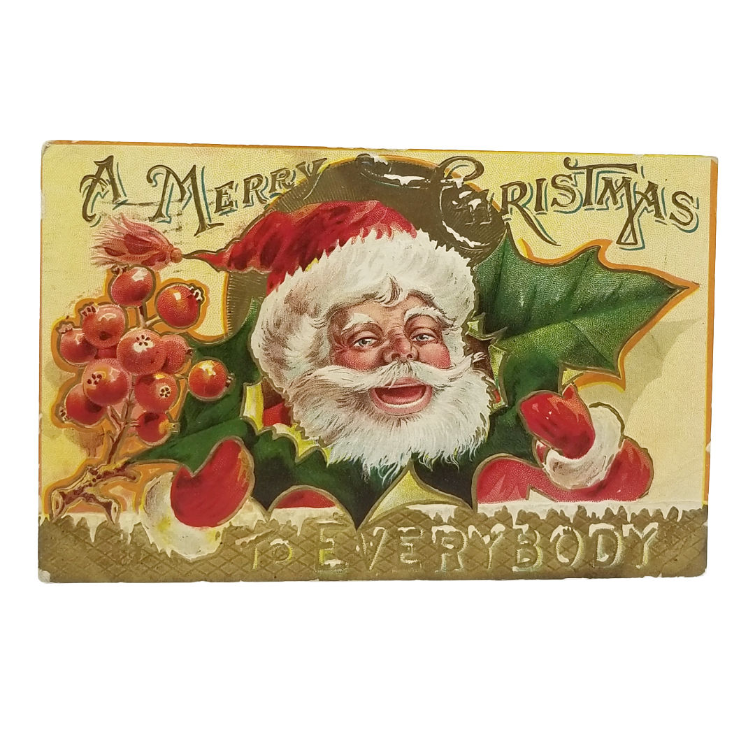 Christmas Postcard Embossed Santa Claus in Large Holly Gold Highlights Series 3