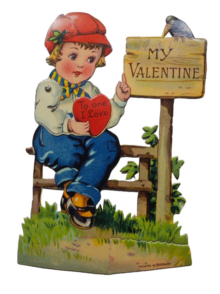 Vintage Antique Die Cut Mechanical Valentine Card with Boy on Fence and Bird on Sign