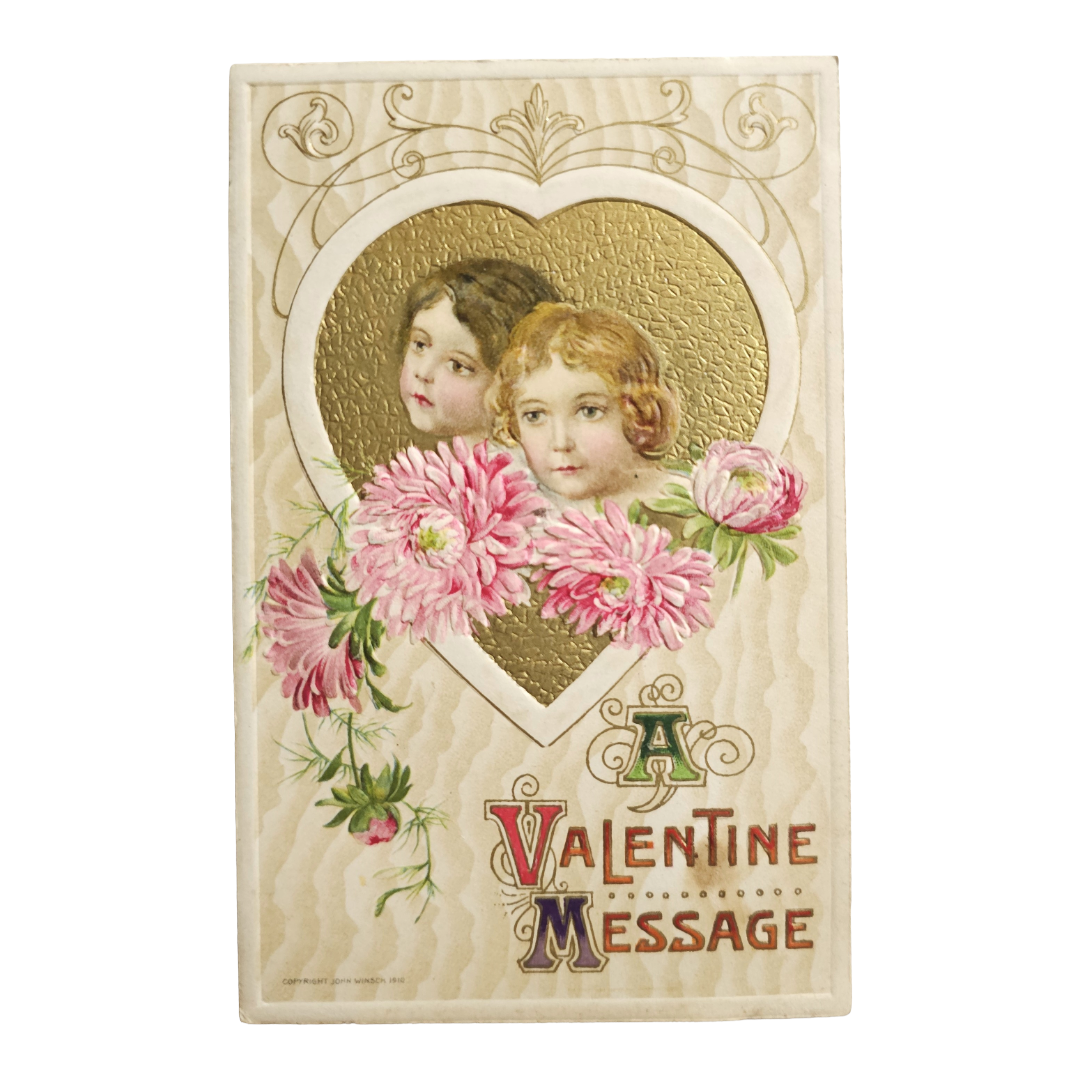 Valentine Postcard Schmucker Girls Gold Heart & Flowers Winsch Pub