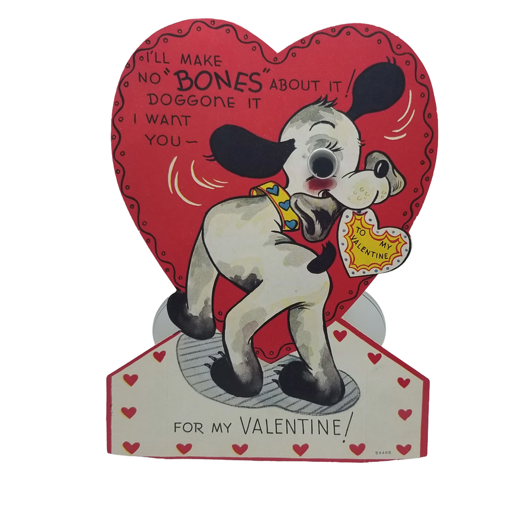 Vintage Valentine Die Cut Card Googly Eye Dog Holding Heart "No Bones About It"