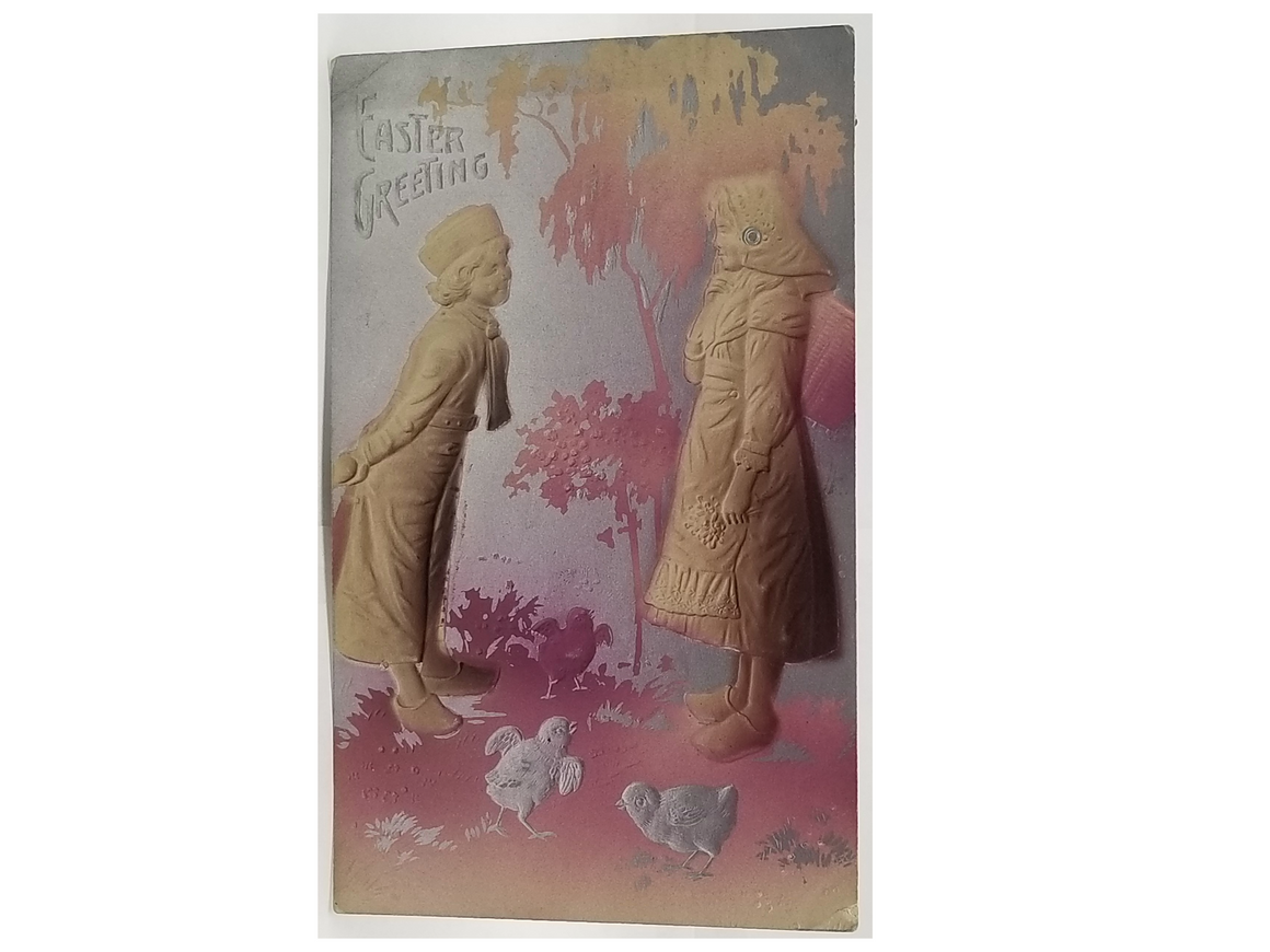 Antique Vintage German Easter Postcard, Airbrush Silver and Pink Background Two Embossed Children Greeting Card with Baby Chicks