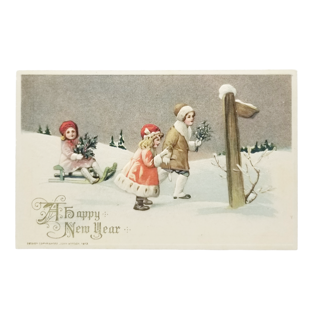 New Year Postcard Children Sled in Snow with Road Marker Winsch Publishing