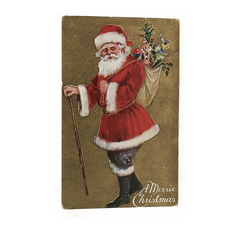 Christmas Postcard Santa with Walking Stick and Toy Bag Gold Background
