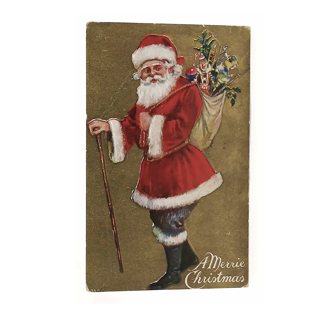 Christmas Postcard Santa with Walking Stick and Toy Bag Gold Background