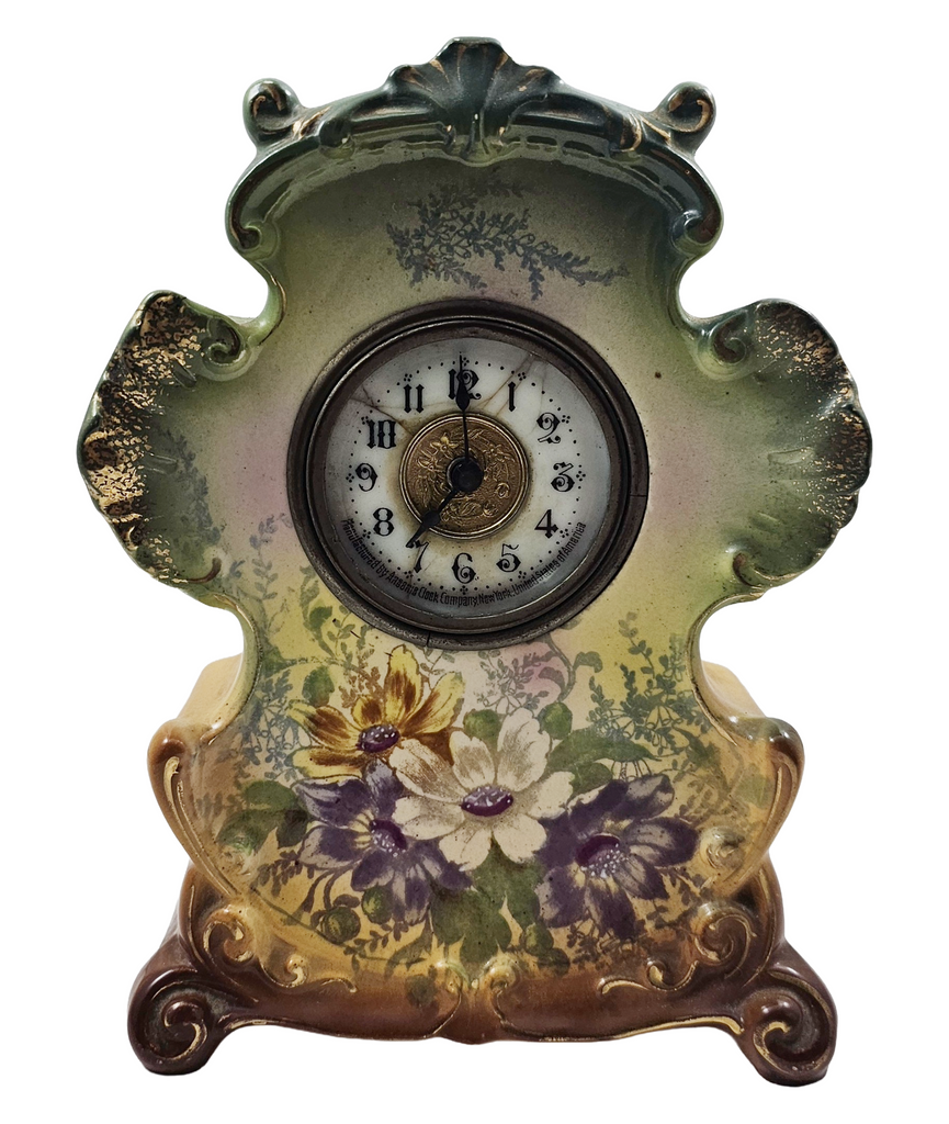 Antique Ansonia Royal Bonn Anchor German Porcelain Green Mantle Clock