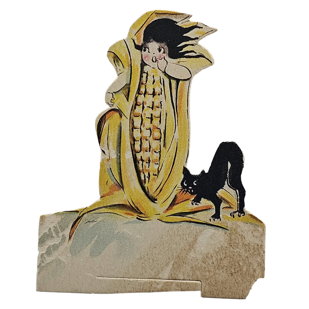 Five (5) Vintage Dennison Halloween Place Cards: Deco Girl in Corn, Black Cat