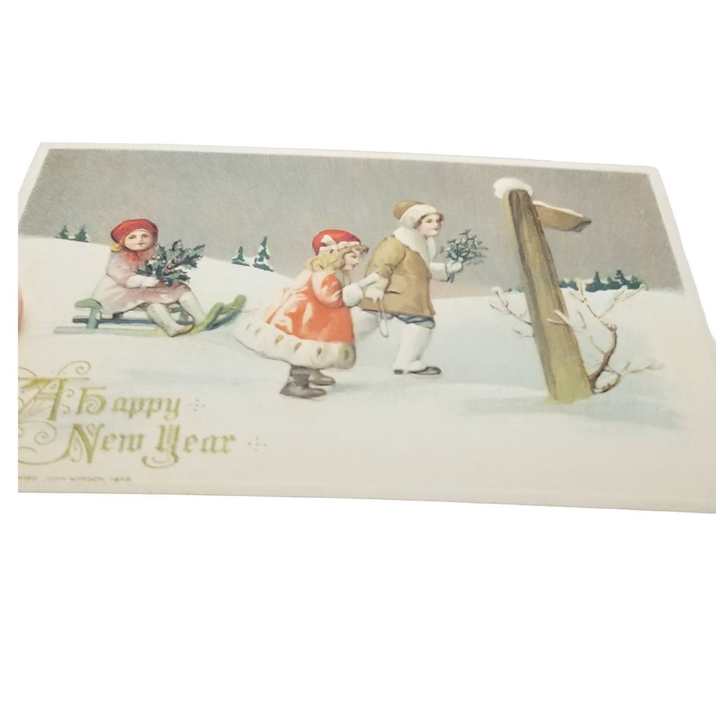 New Year Postcard Children Sled in Snow with Road Marker Winsch Publishing