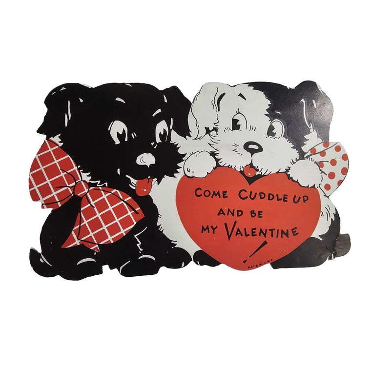 Vintage Antique Die Cut Valentine Card Black White Puppy Dogs with Heart