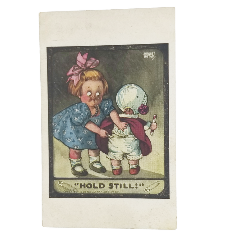 Artist Signed Postcard August Hutaf Titled Hold Still Little Girl Helping Child with Bloomers