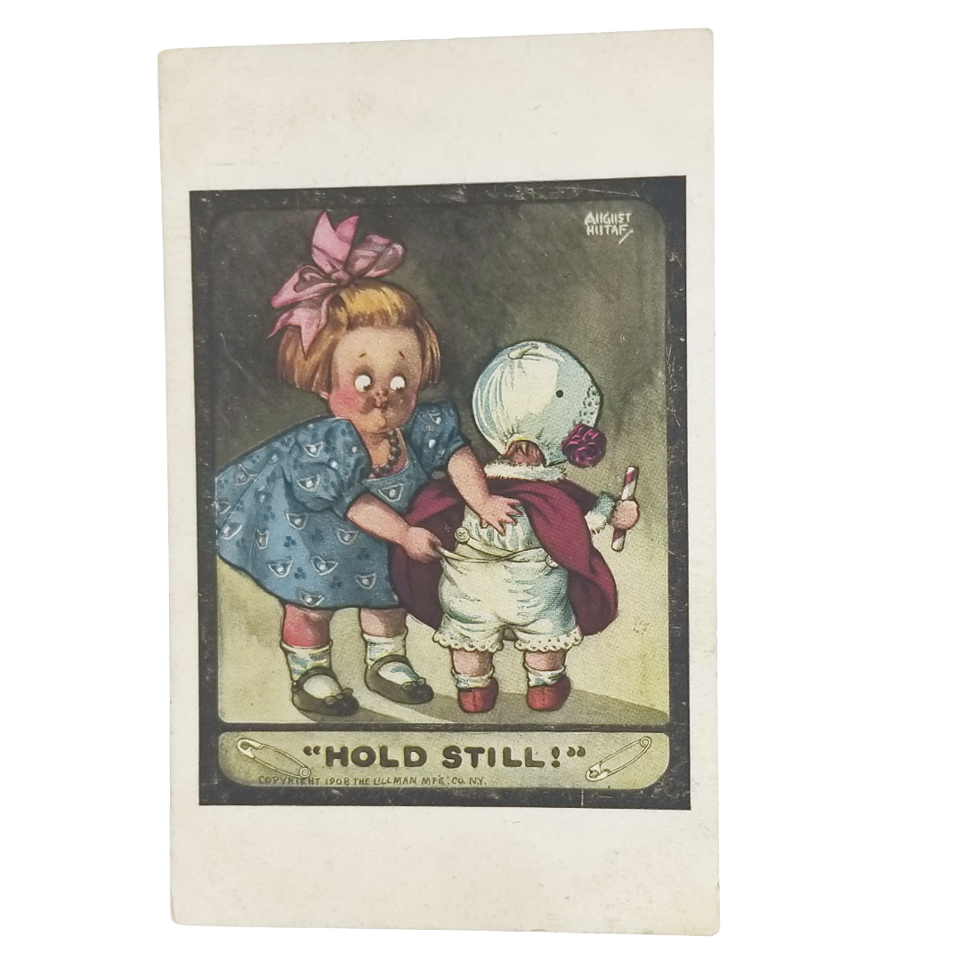 Artist Signed Postcard August Hutaf Titled Hold Still Little Girl Helping Child with Bloomers
