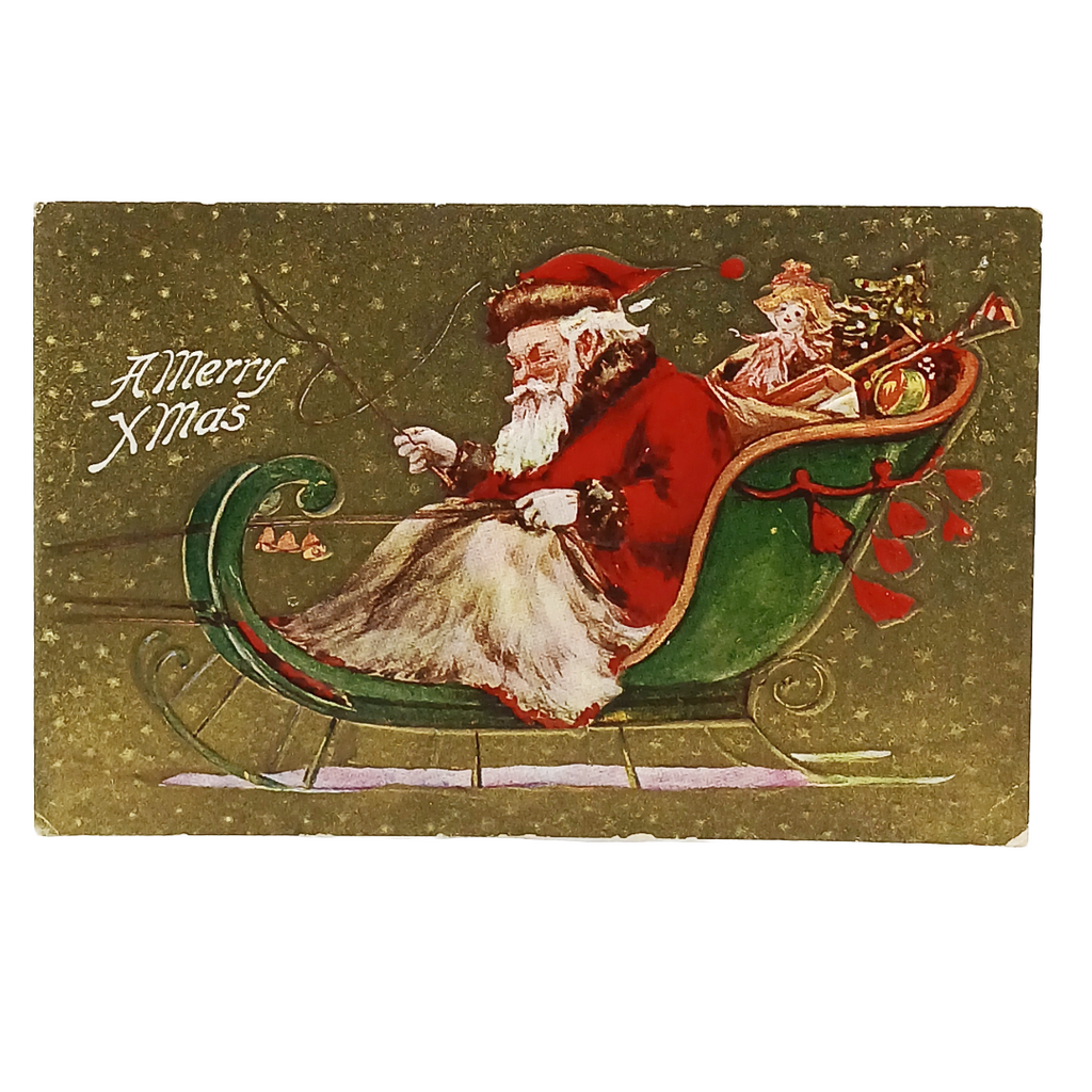 Christmas Postcard Gold Embossed Santa Claus on Green Sled with Toys