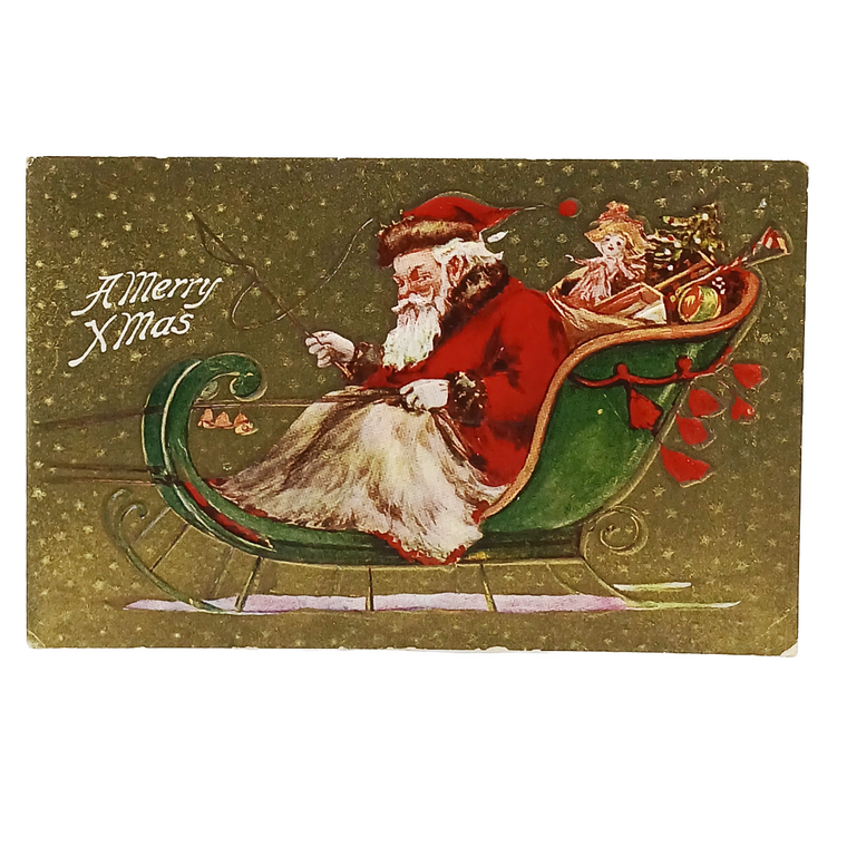 Christmas Postcard Gold Embossed Santa Claus on Green Sled with Toys