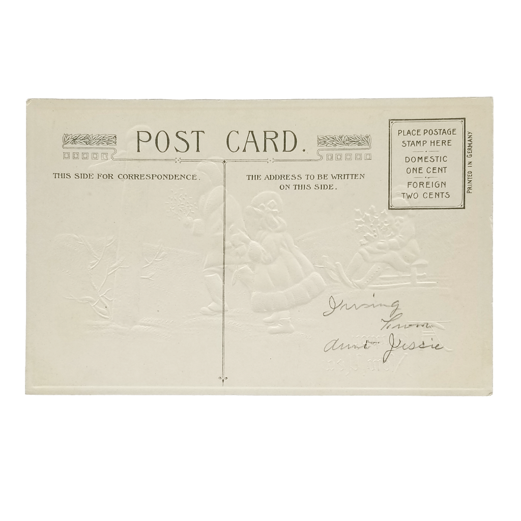 New Year Postcard Children Sled in Snow with Road Marker Winsch Publishing