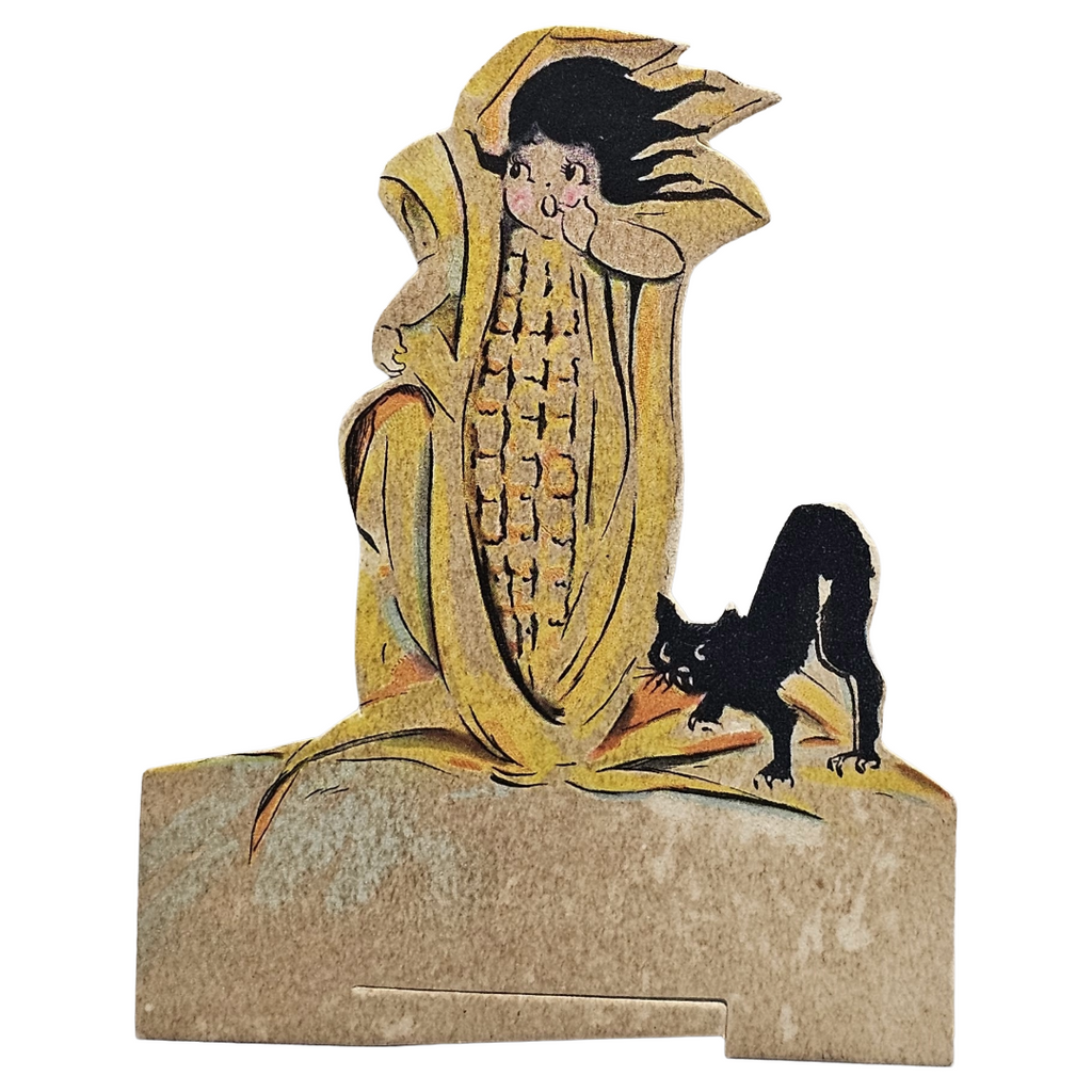 Five (5) Vintage Dennison Halloween Place Cards: Deco Girl in Corn, Black Cat