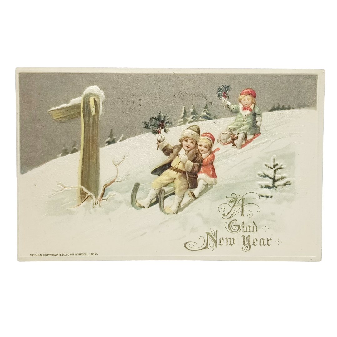 New Year Postcard Children Sledding in Snow Winsch Publishing