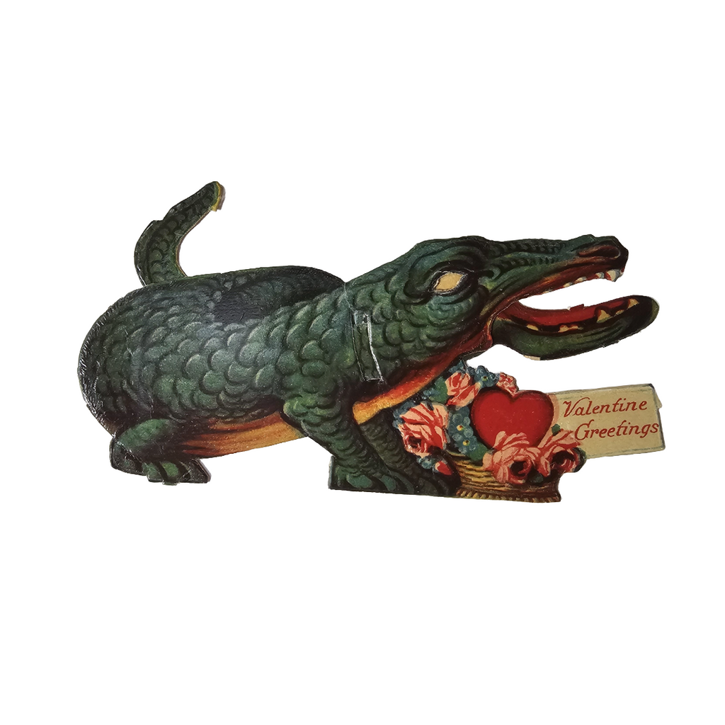Vintage Die Cut Mechanical Valentine Card Alligator with Bouquet of Flowers