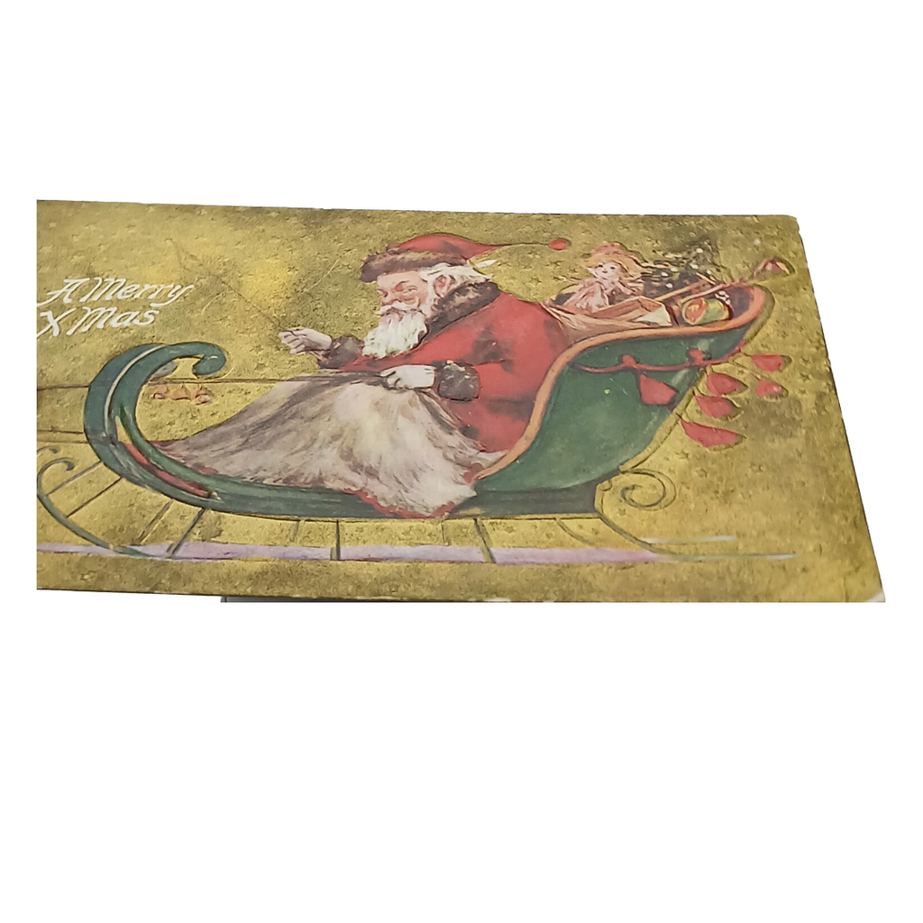 Christmas Postcard Gold Embossed Santa Claus on Green Sled with Toys