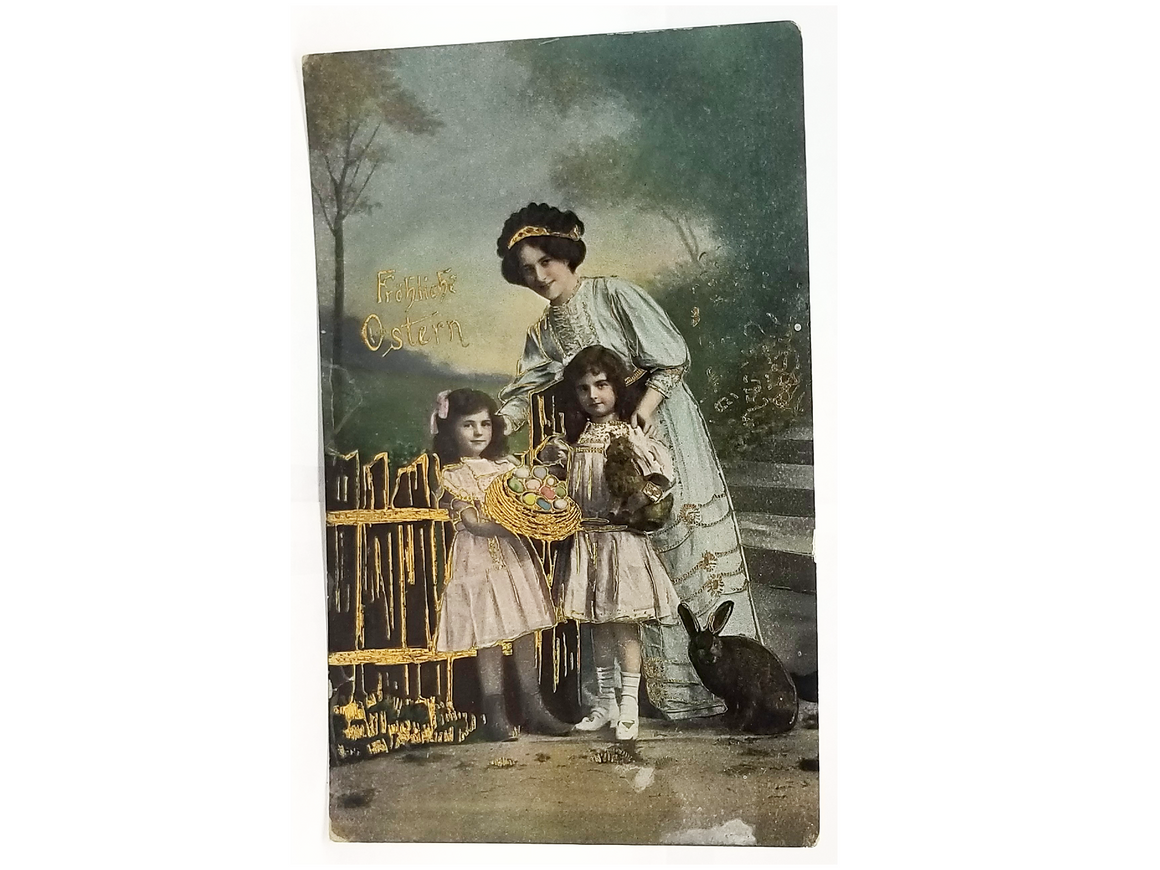 Antique Vintage Easter Postcard, RPPC Real Photo Style Family Mother with Girls Gold Highlighted Basket of Eggs