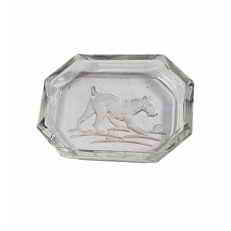 Art Deco Bohemian Czech Intaglio Glass Open Salt Cellar Schnauzer Dog w/ Ball