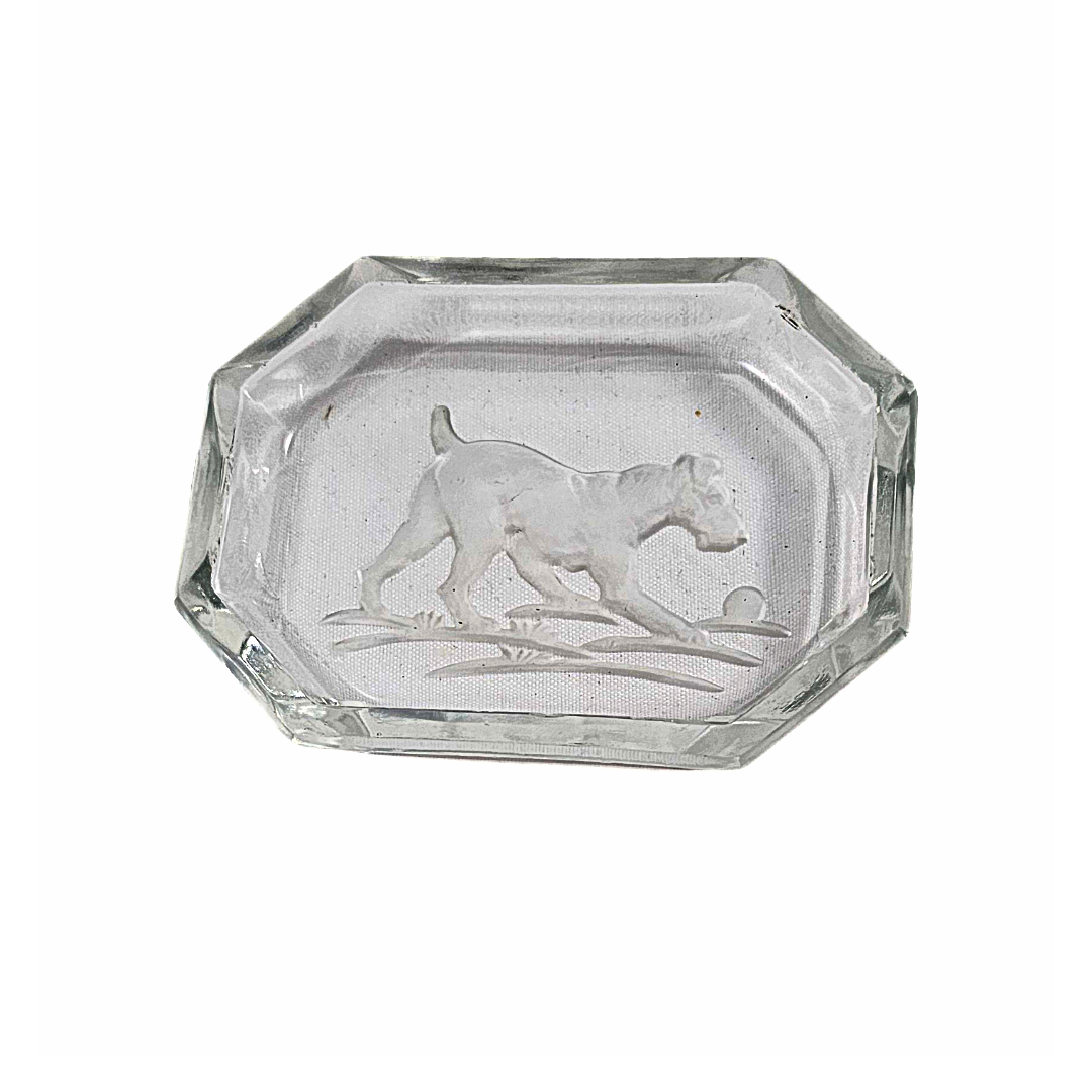 Art Deco Bohemian Czech Intaglio Glass Open Salt Cellar Schnauzer Dog w/ Ball