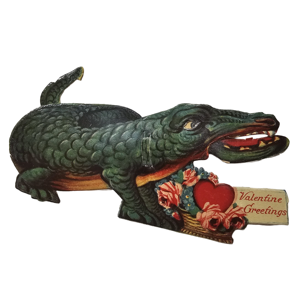 Vintage Die Cut Mechanical Valentine Card Alligator with Bouquet of Flowers