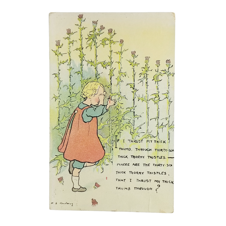 Artist Signed Postcard Kate Cowderoy Child Amongst Thistles with Tongue Twister