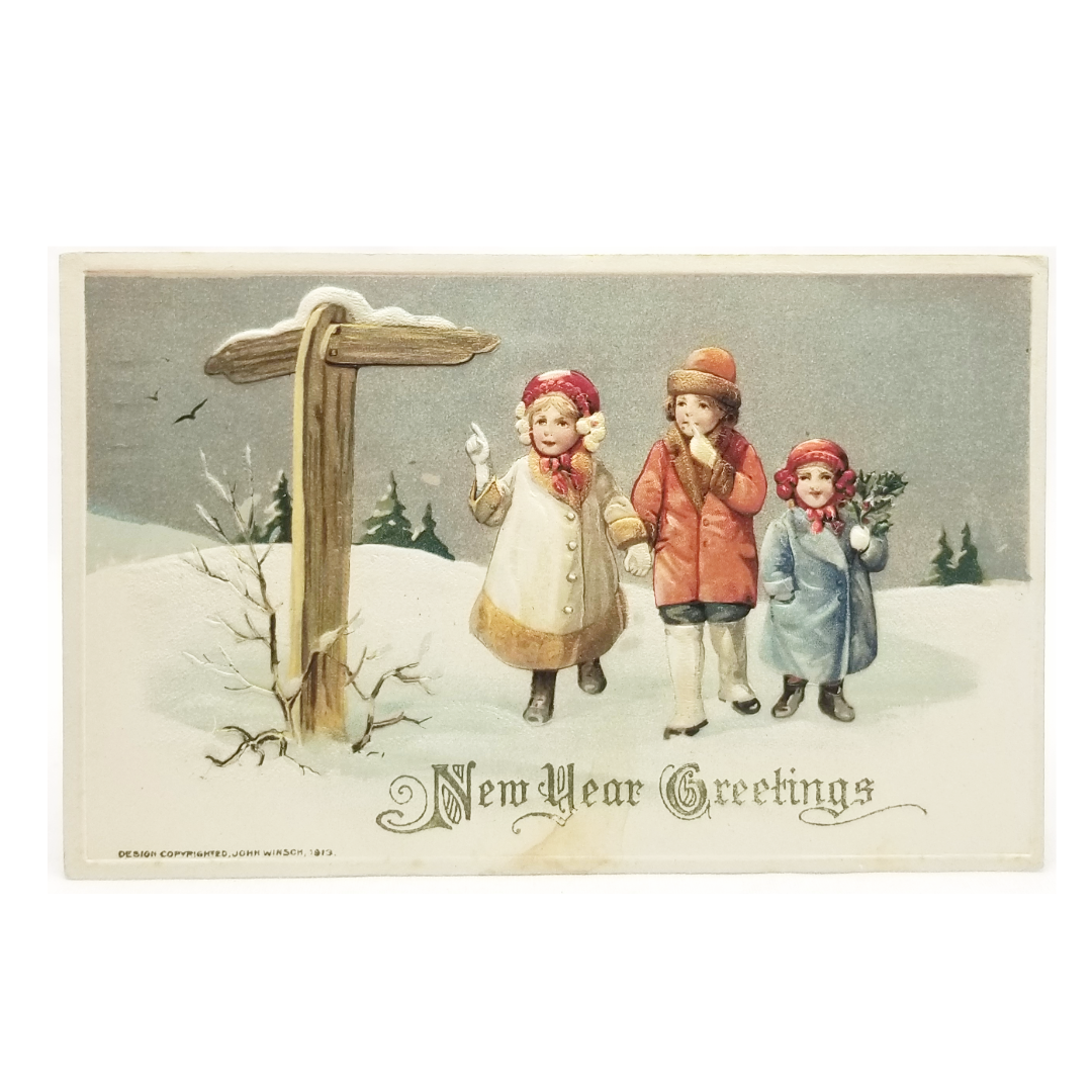New Year Postcard Children in Snow with Road Marker Winsch Publishing