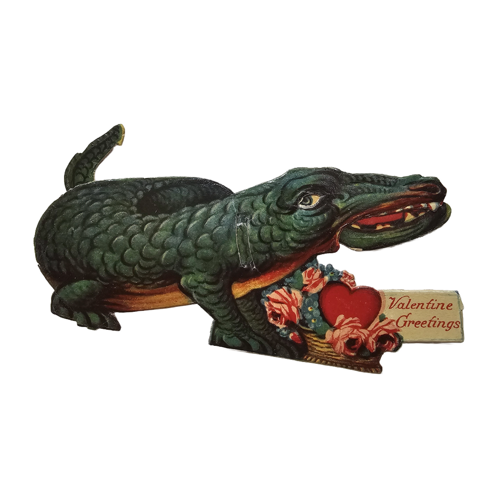 Vintage Die Cut Mechanical Valentine Card Alligator with Bouquet of Flowers