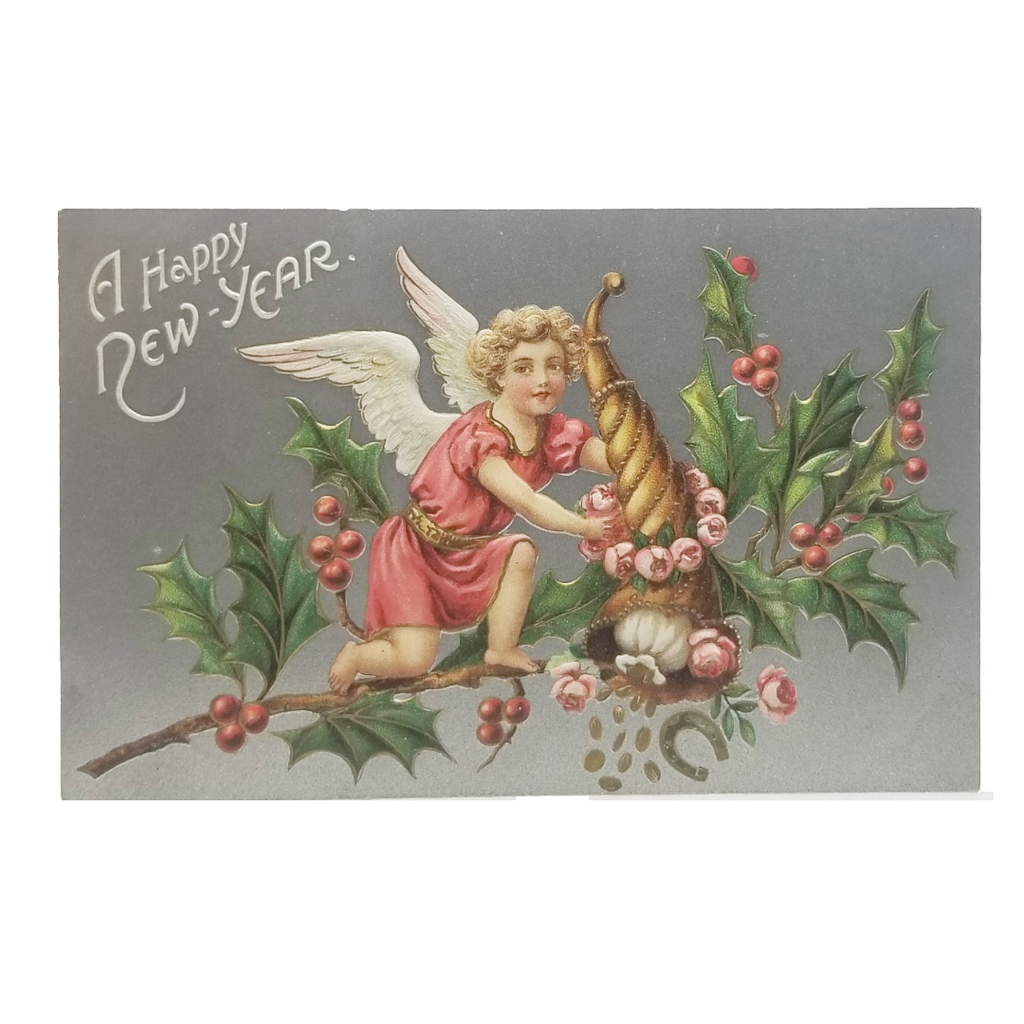 New Year Postcard Embossed Silver Angel Gold Coins
