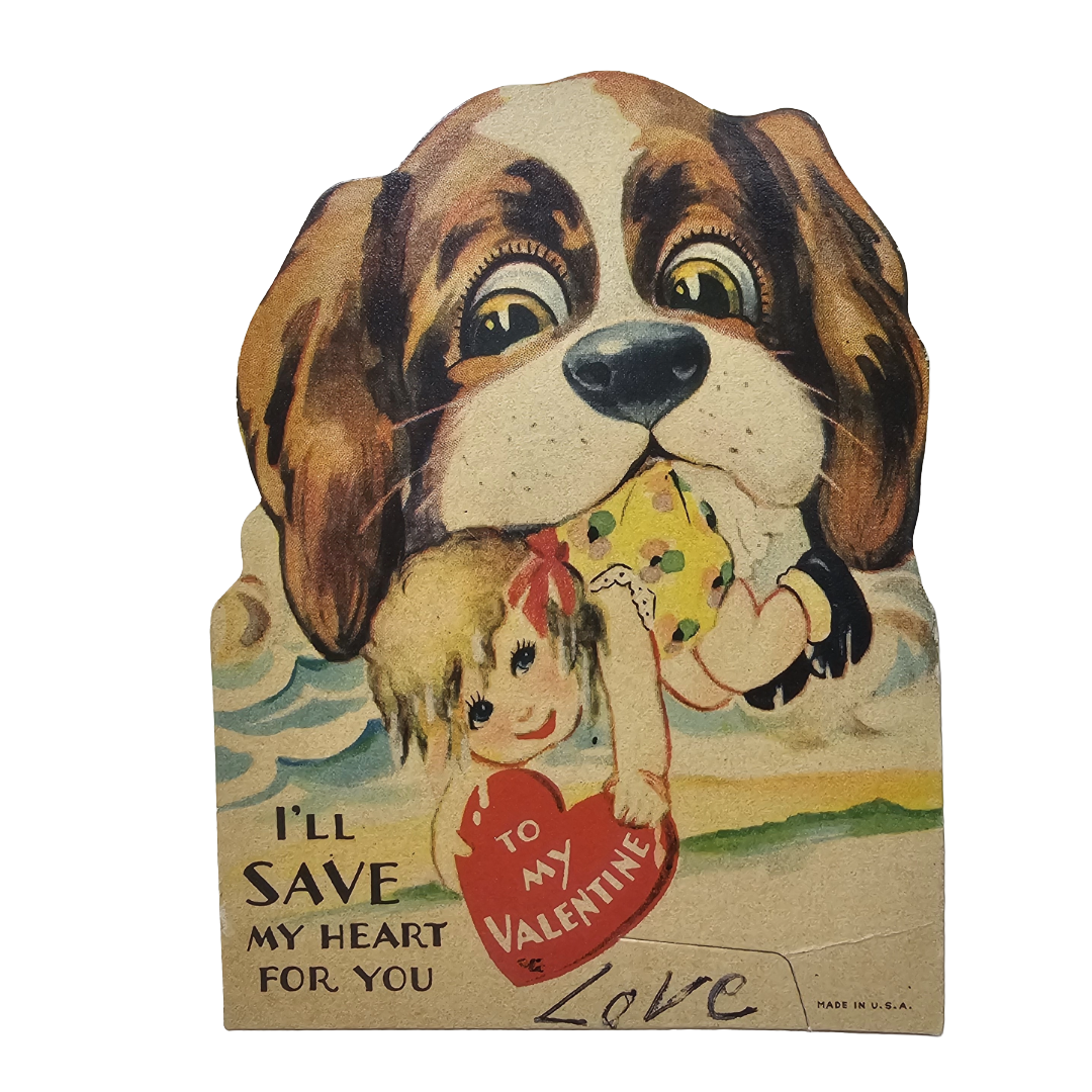 Vintage Antique Die Cut Valentine Card Saint Bernard Rescuing Girl in Water