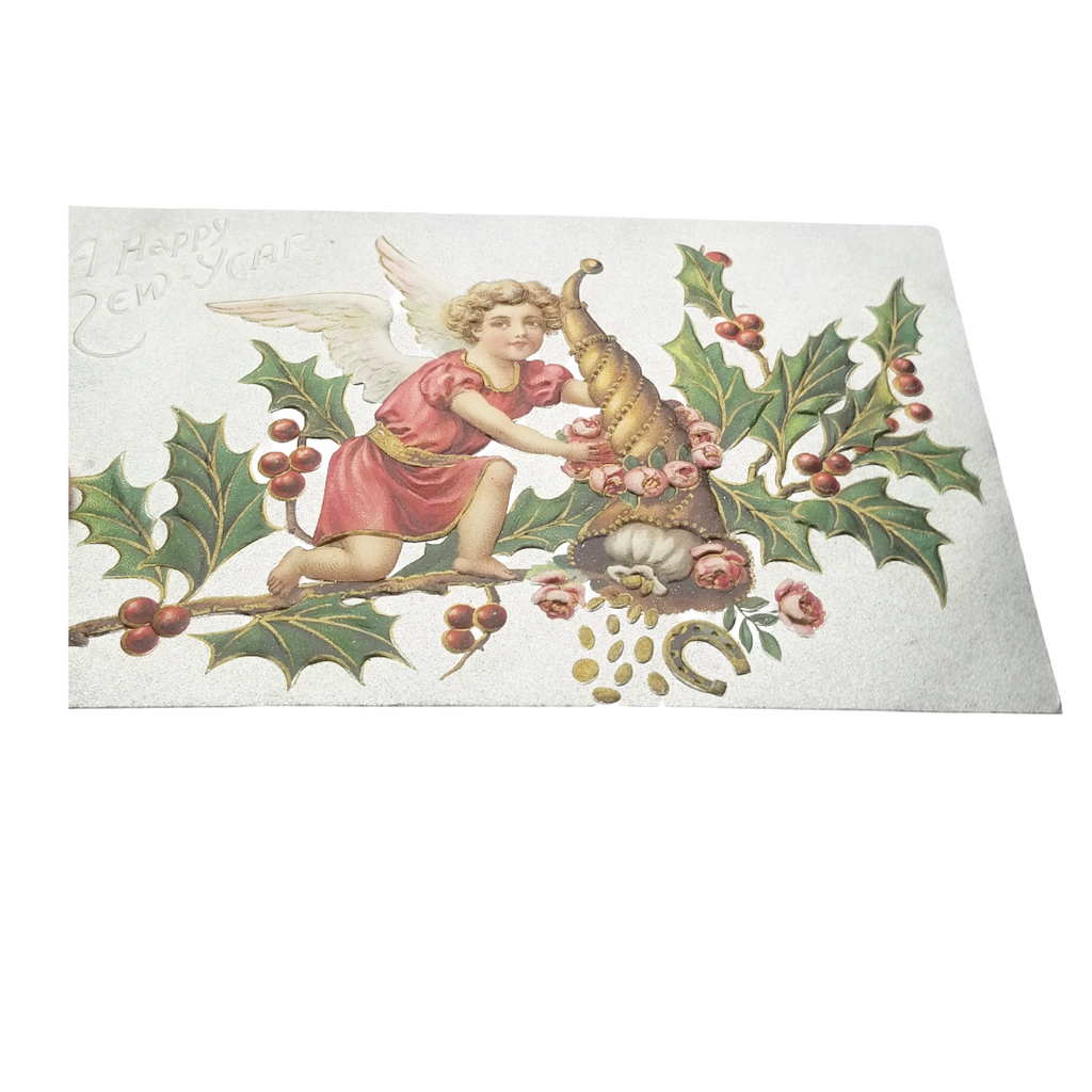 New Year Postcard Embossed Silver Angel Gold Coins