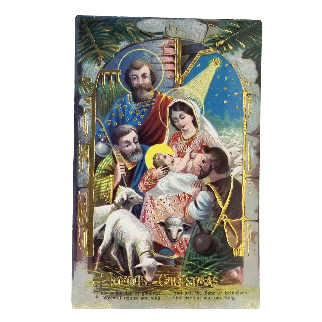 Christmas Postcard Religious Theme Holy Family Wise Men Sheep Gold Highlights