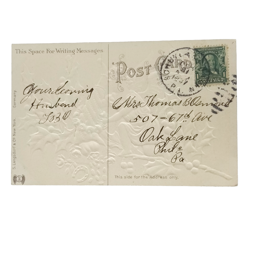 New Year Postcard Embossed Silver Angel Gold Coins