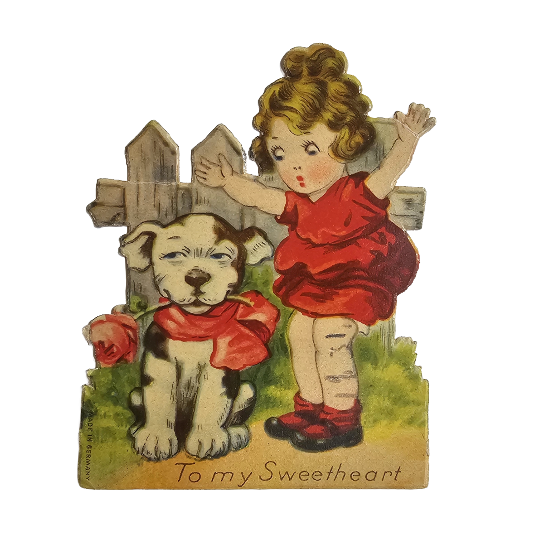 Vintage Die Cut Valentine Card Little Girl w/ Dog Holding Rose