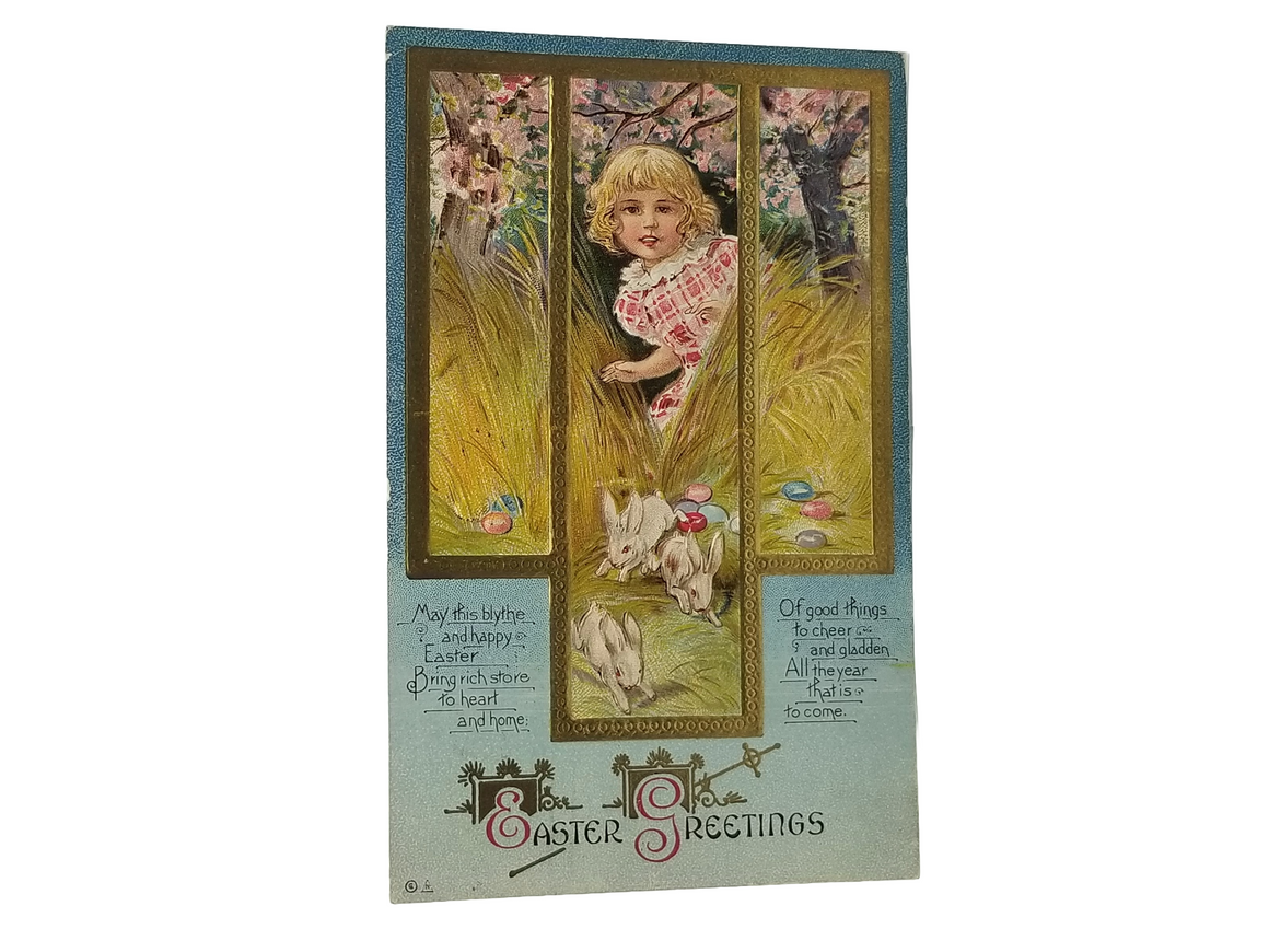 Antique Vintage Easter Postcard, Little Girl Playing in Grass with Bunny Rabbits Finding Painted Eggs Gold Highlights