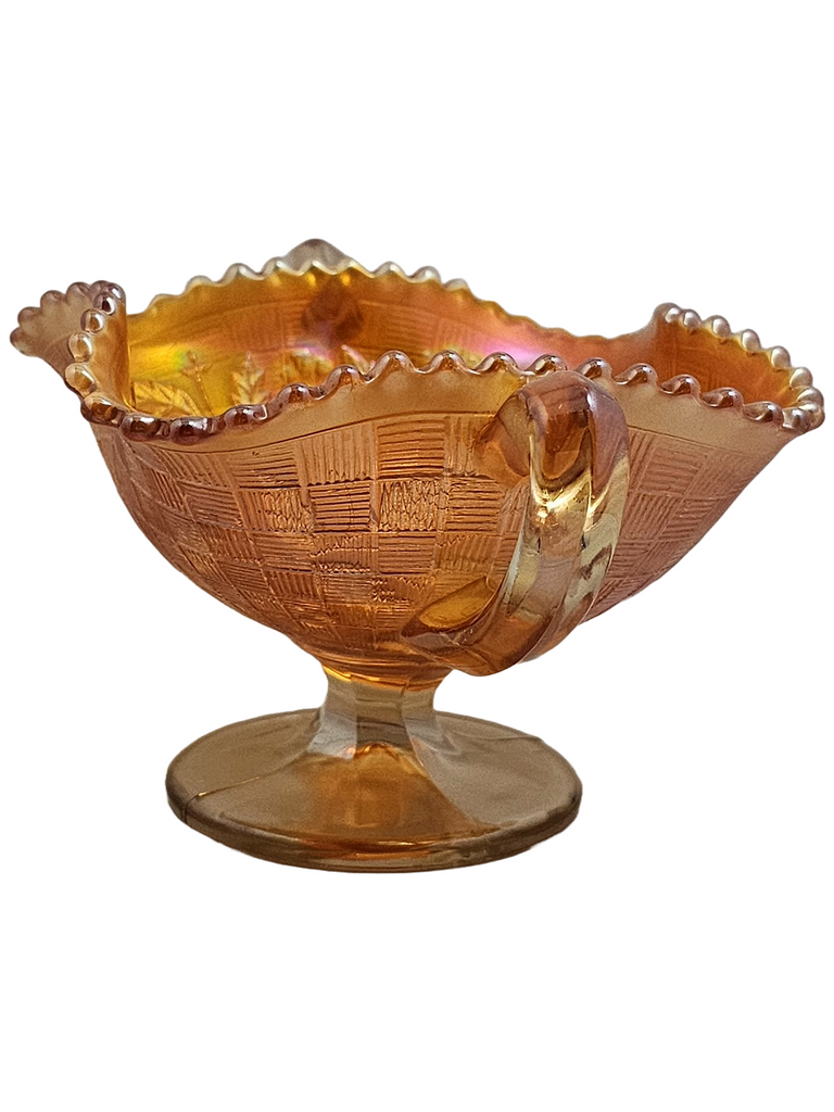 Northwood Marigold Orange Fruits & Flowers Carnival Glass Bon Bon Dish with Basket Weave Exterior