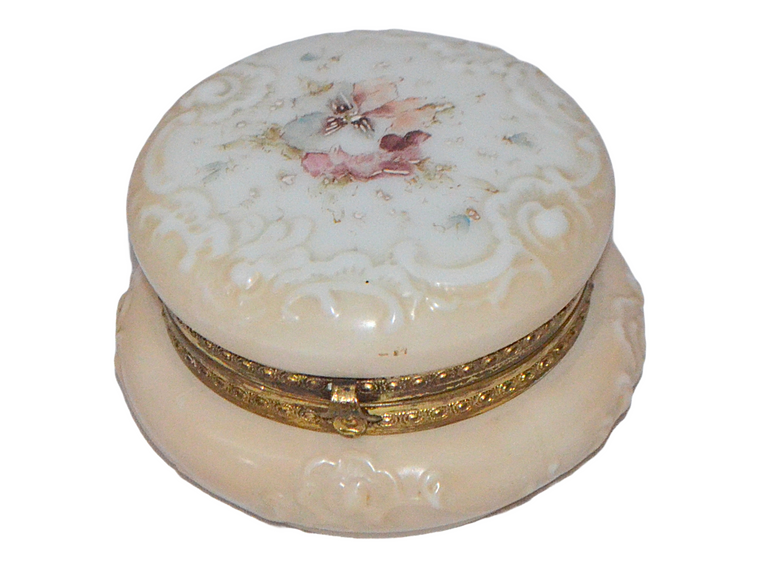 CF Monroe Wave Crest Art Glass Dresser Box Pansies & Scroll Vanity Jar