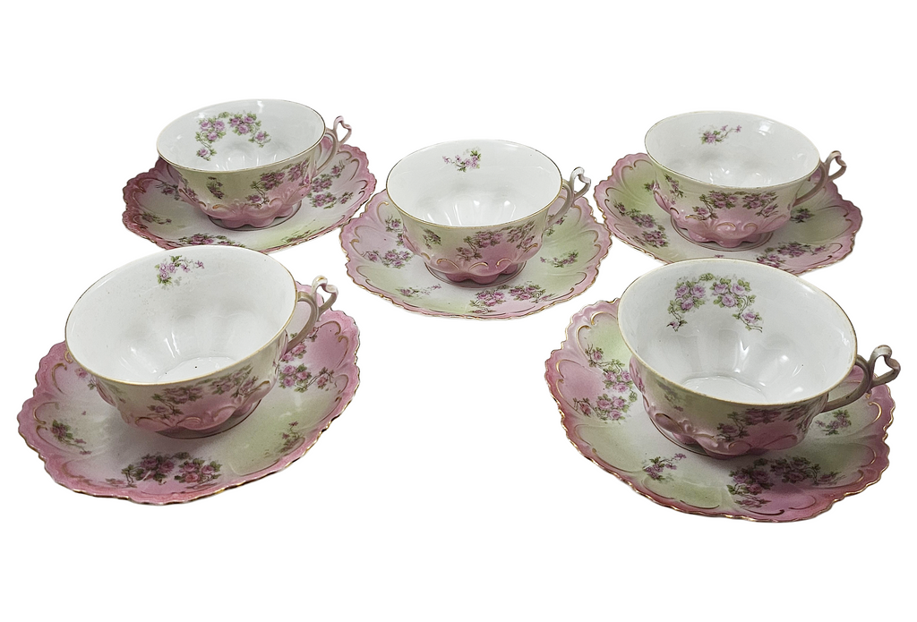Antique Austrian Floral Porcelain Pink & Green Ornate 10 pc Cup Set