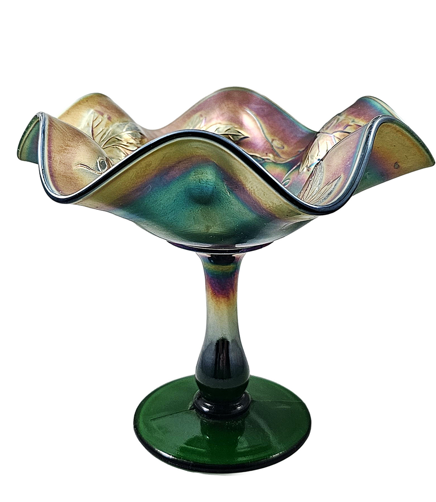 Fenton Grape & Leaves Green Carnival Glass Compote