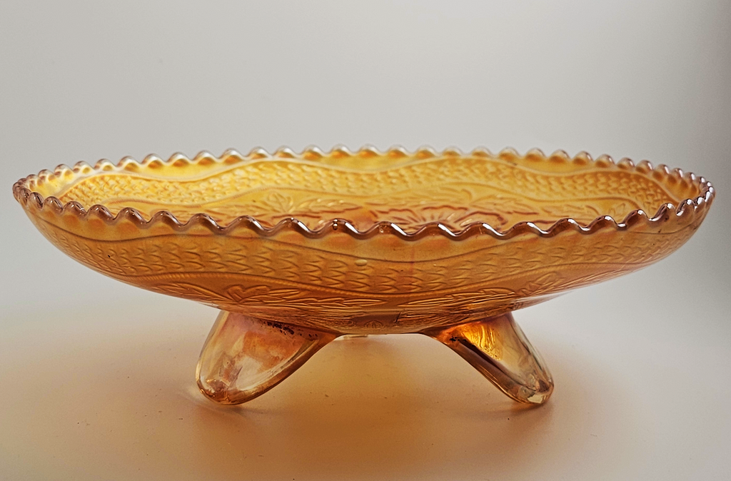 Fenton Marigold Carnival Glass Footed Bowl: Dogwood & Marsh Lily Pattern