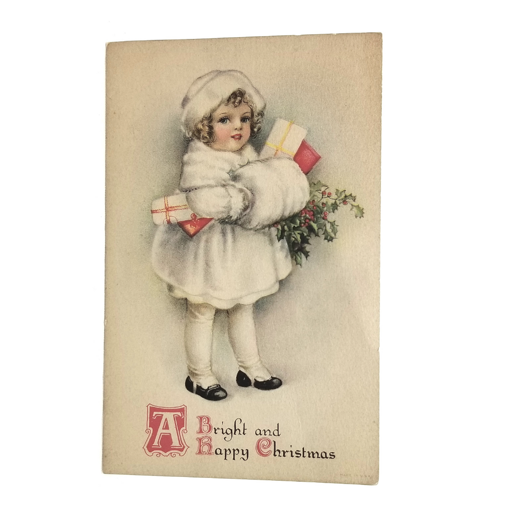 Vintage Christmas Postcard, Antique Holiday Card by Artist Ellen Clapsaddle Little Girl in White Fur Jacket Holding Gifts Series 35 Wolf Pub