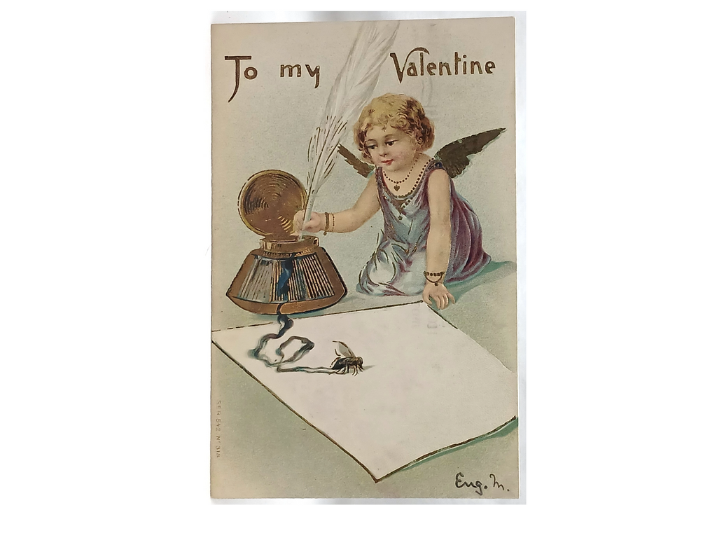 Antique Vintage Valentine Postcard, Cupid in Purple Gown Penning a Letter with Gold Highlights, Series 542