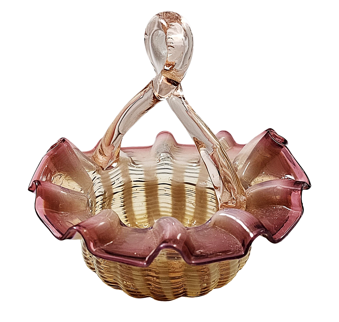 Victorian Stevens Williams Art Glass Miniature Pink Opalescent Stripe Basket